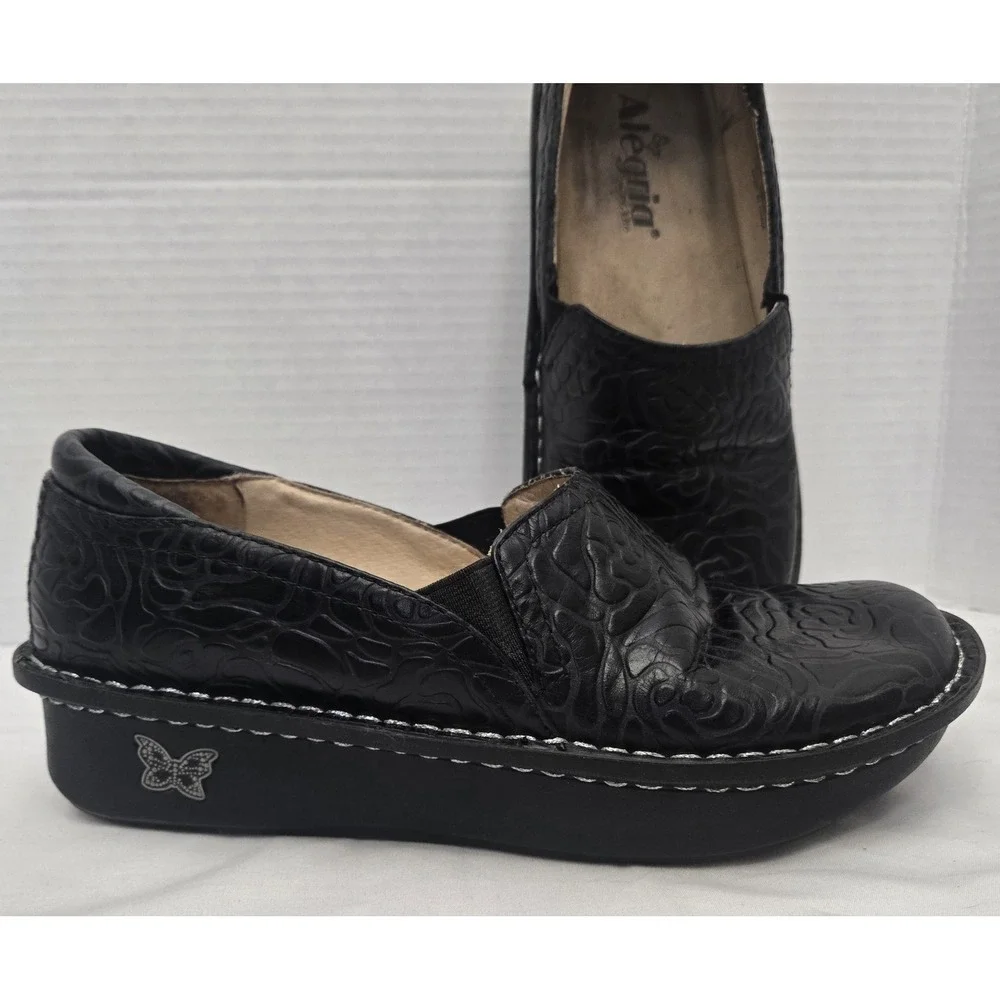 Alegria Debra Comfort Shoes EU Size 37 Black Leather Embossed Floral Slip On GUC